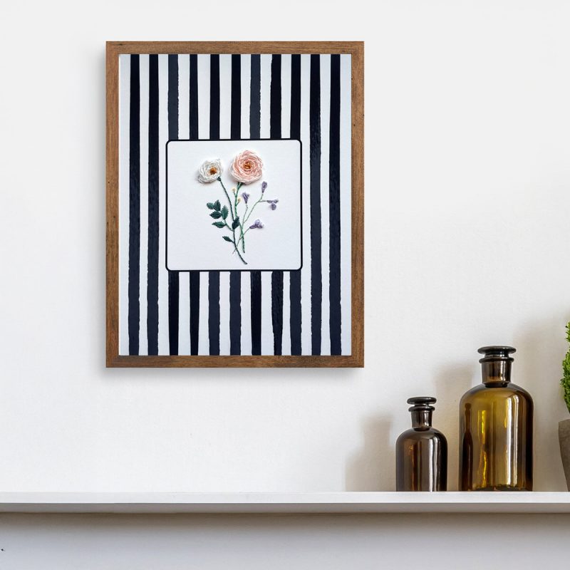 wood framed Bloom Within Stripes- embroidery-on-paper