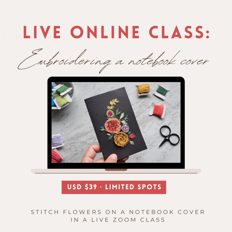 Stitch flowers on a notebook cover in a live Zoom class